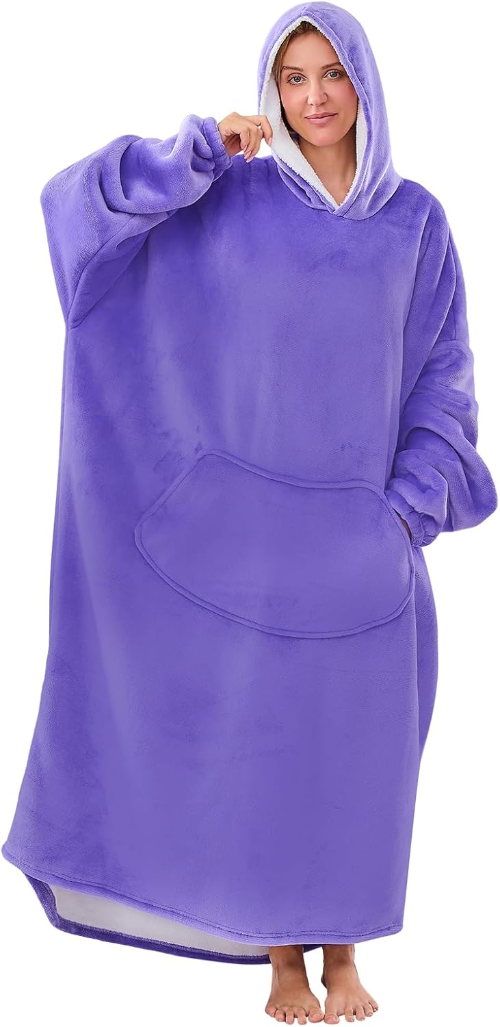 Moinlizy Wearable Blanket Hoodie, Long Thick Hooded Blanket Oversized for Adults Women Men with Pocket and Sleeves