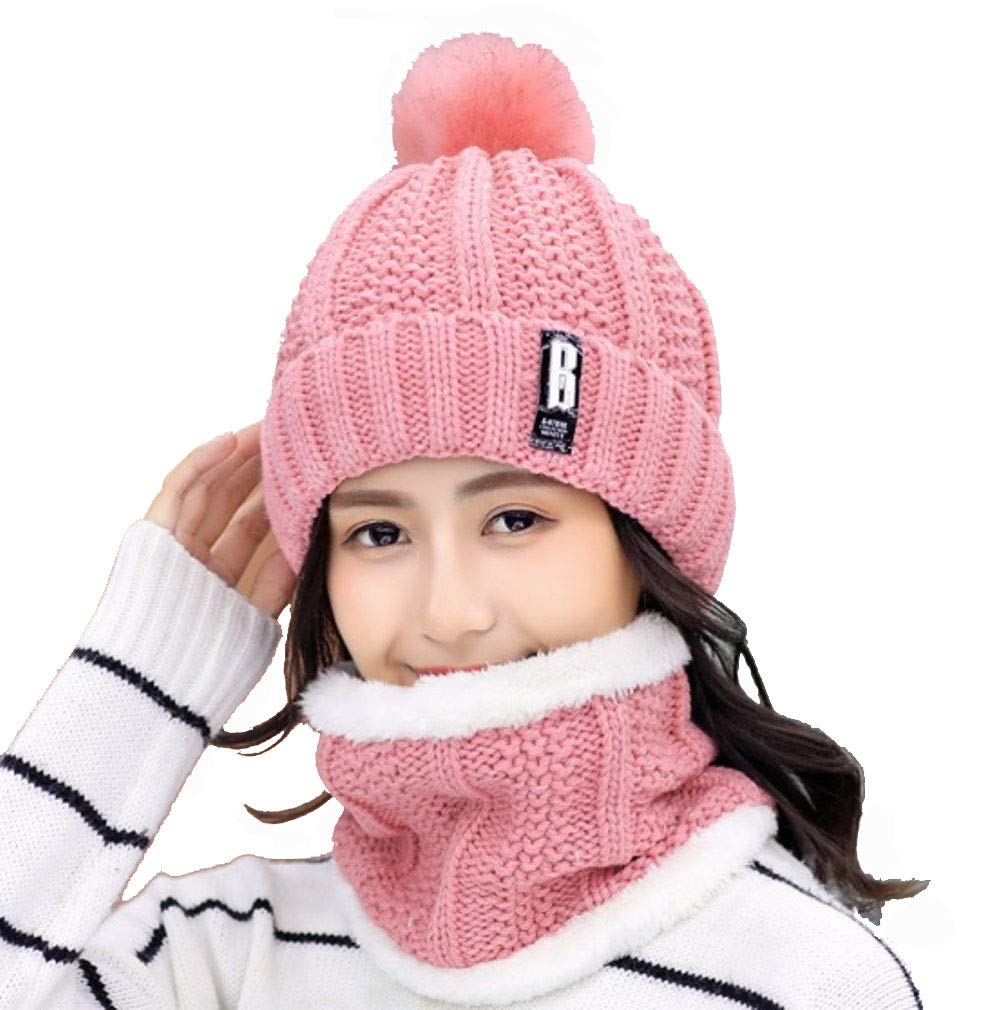 Song Ting Pink Winter Soft Warm 1 Set Snow Proof Ball Cap (Inside Fur) Woolen Beanie Cap with Scarf for Women Girl
