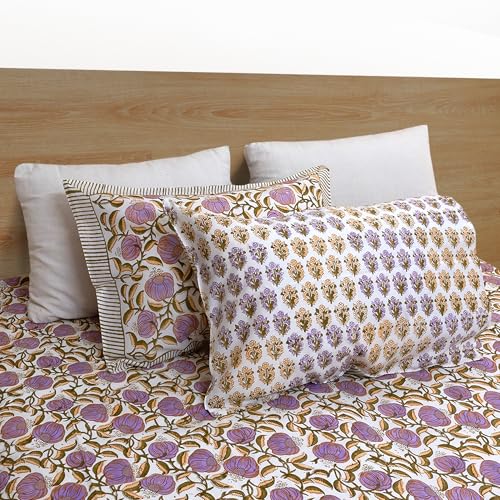 Image of TOAI Hand Block Printed Bedsheet | Bed Spread Flatsheet Bed Sheet | Pure Cotton | Queen Size 90 inchx108 inch | 210 TC Luxury Cotton | 2 Reversible Pillow Covers |Round Florals on White