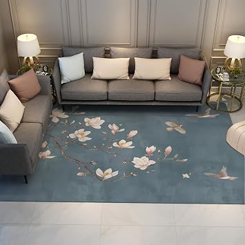 Washable Area Rug 2x3 Large Soft Rugs for Living Room Blue Magnolia Navy Floral Carpet Japandi Asian Area Rugs for Bedroom Dining Room Non Slip Stain Resistant Under Table Rug