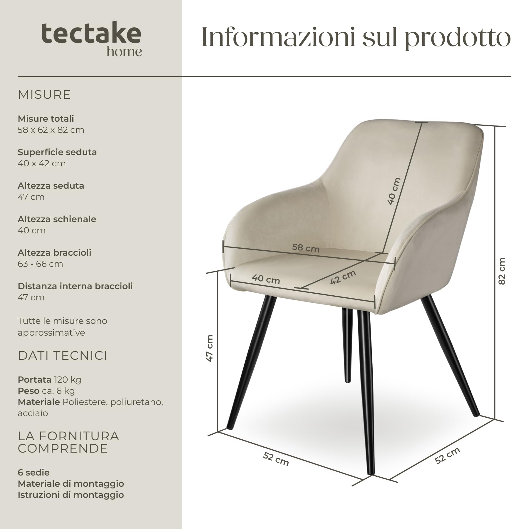 tectake® Set 6 Sedie Sala da Pranzo Effetto Velluto, Sedie Soggiorno con Morbida Imbottitura, Seduta Ergonomica, Poltrone Velluto Versatili, Sedie Design Moderno - Crema/Nero