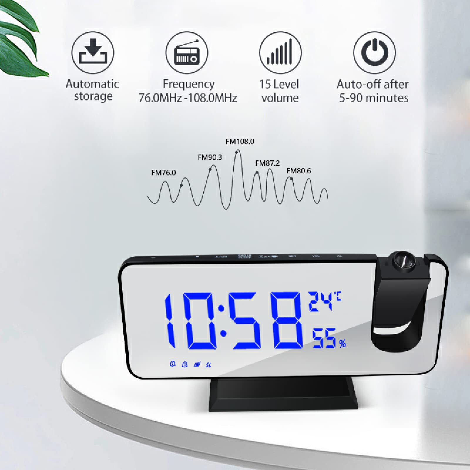 Función De Repetición De Proyección De 180 °, Reloj Despertador Inteligente, Radio FM, Alarma Digital LED, Reloj Electrónico De Escritorio, Reloj Despertador USB,Negro