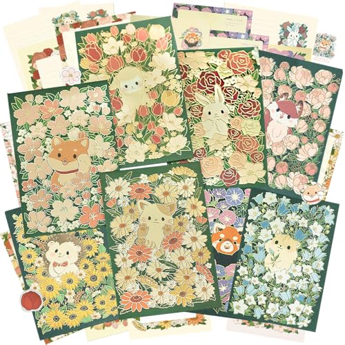 moin moin レターセット 便箋 手紙 花畑 アニマル 8種 (合計 便箋 48枚 + 封筒 24枚 + 留め口 シール 24枚 徳用 セット) アソート セット/箔押し きらきら 花柄 動物 猫 柴犬 うさぎ レッサーパンダ ひつじ ハムスター ピ