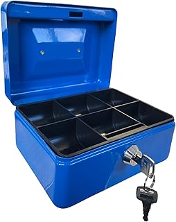 Requisite Needs Metal Money Box Tin 6" Steel Cash Safe Box Petty Cash Deposit Tin with Lock 2 Keys for Security (BLUE)