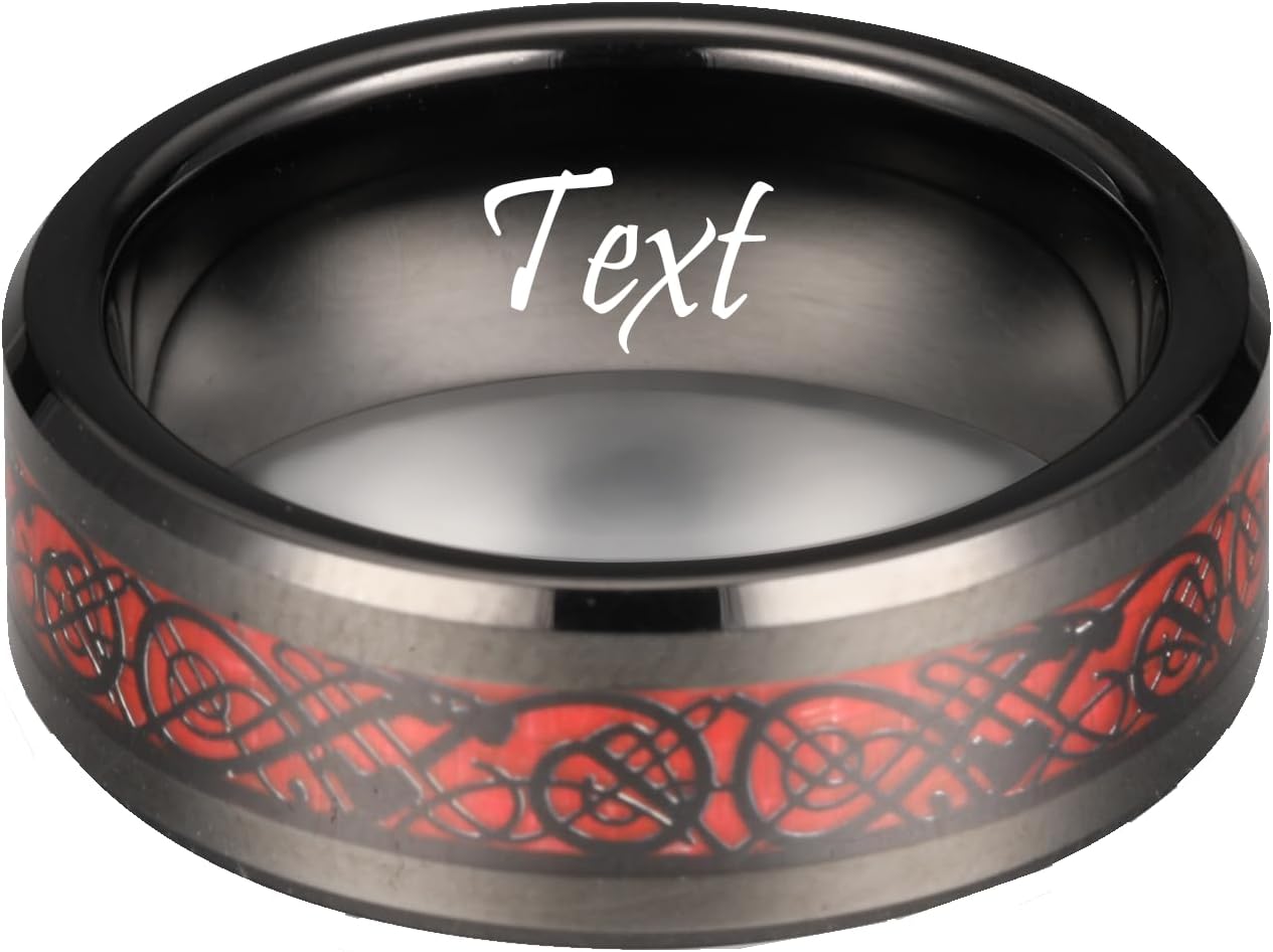 Custom Wedding Ring for Him – Black & Red Celtic Dragon Tungsten - Gothic Anniversary Band for Men Size