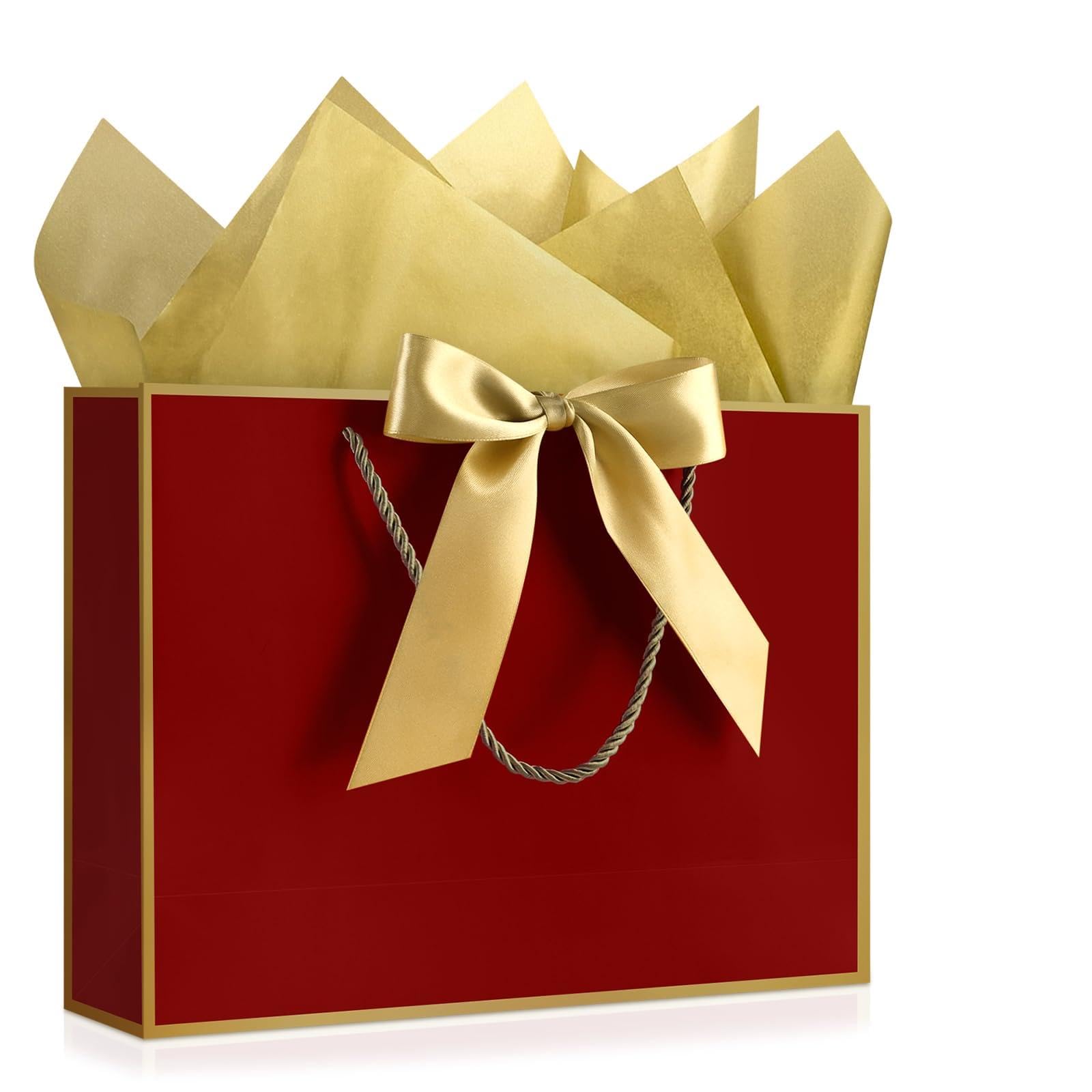 YoungTree Birthday Gift Bags with Tissue Papers - 1 Greeting Card 2 Tissue Papers, Large Present Bags for Valentine's Day Wedding Party Supplies Mothers Day 12.6" x 9.8" x 4.3" (Red-Gold) — image 1
