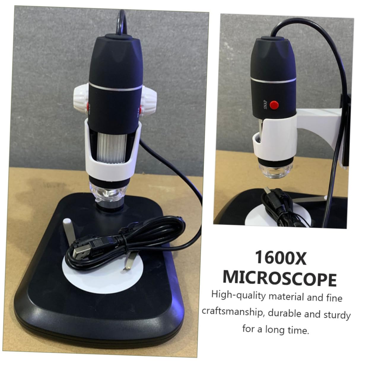 Microscopio Digital Portátil 1600x Negro de Abs USB | Luz LED Ajustable, para Joyería y Monedas, Formato Compacto de Bolsillo