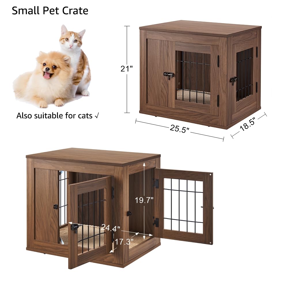 unipaws Mobili stile gabbia per cani con cuscino, cuccia in filo di legno con doppia porta, per uso interno (piccola, noce)
