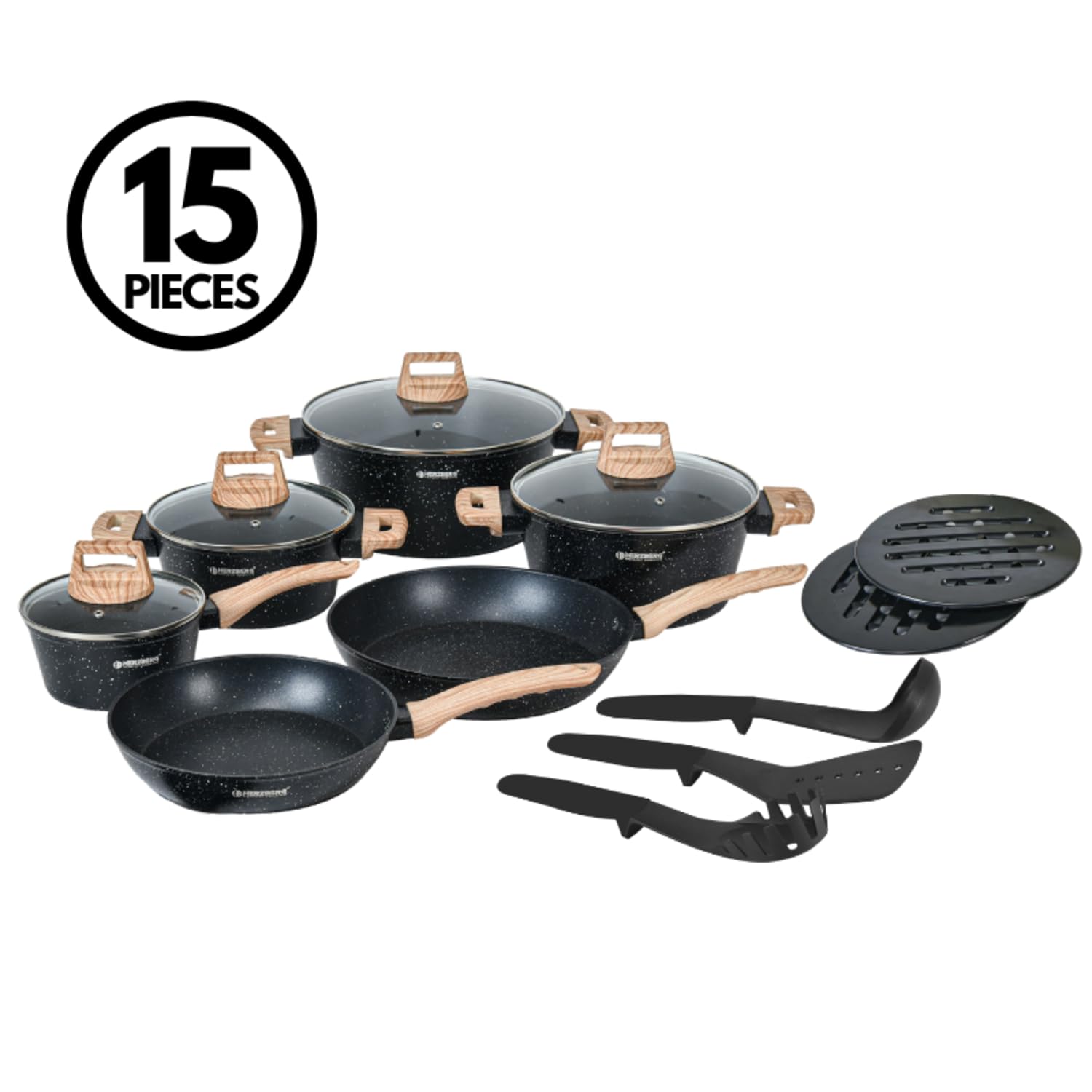 Herzberg Batterie de Cuisine 15 Pièces Aluminium Forgé HGWDMRB15, Noir | aluminium forgé, revêtement antiadhésif, couvercles en verre, ustensiles inclus, induction, lave-vaisselle