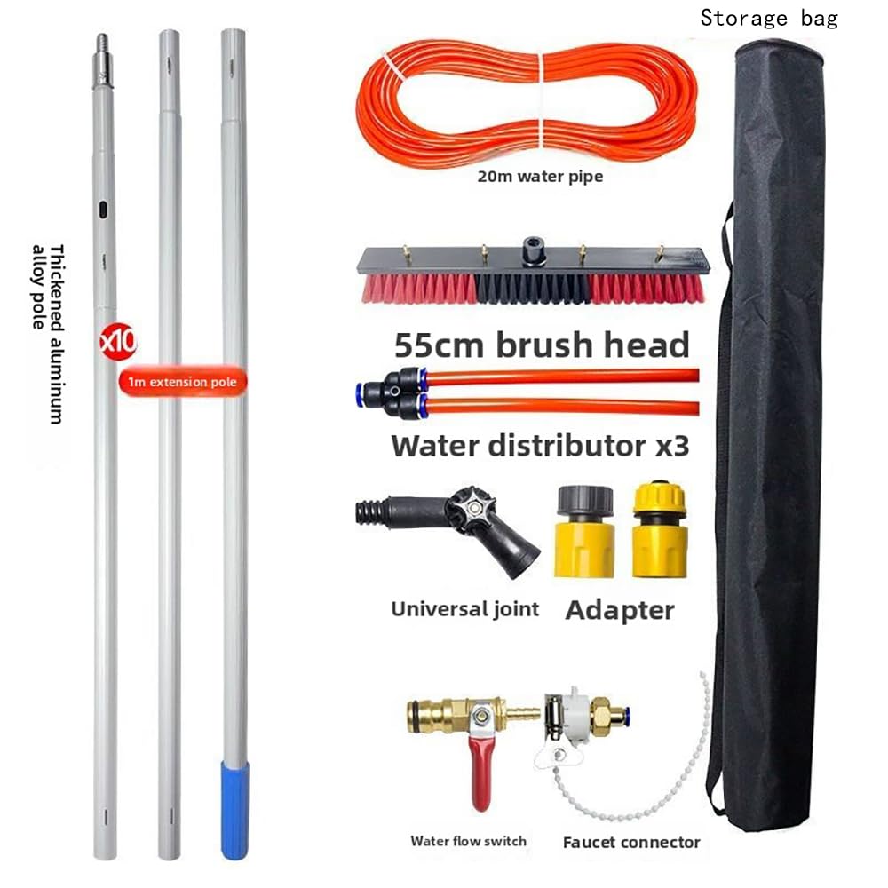 Perche Telescopique à Eau 10m avec Brosse Flexible 55cm | Tête Orientable à 180° | INCL. Flexible Antigel 20m et Accessoires,avec Sac de Rangement| pour Panneaux Solaires,Vitres,Camping-Cars,Bateaux