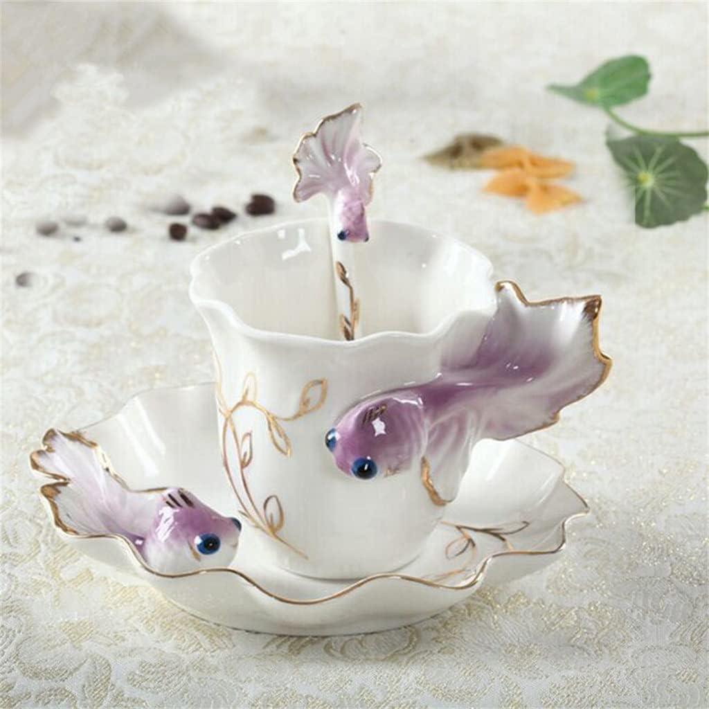 Goldfish Enamel Coffee Cup With Saucer Spoon Hadmade Ceramic Tea Milk Mugs Set Breakfast Water Bottle(D)