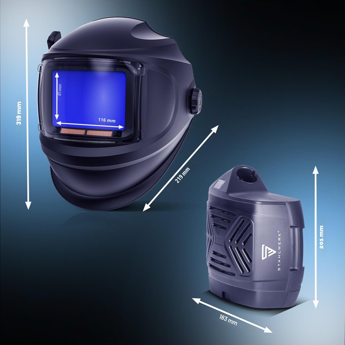 STAHLWERK Casque de soudage automatique 3 en 1 Master Air - Casque de soudage avec alimentation en air frais, contrôle de la fonction par Bluetooth, rendu des couleurs True-Colour, obscurcissement DIN