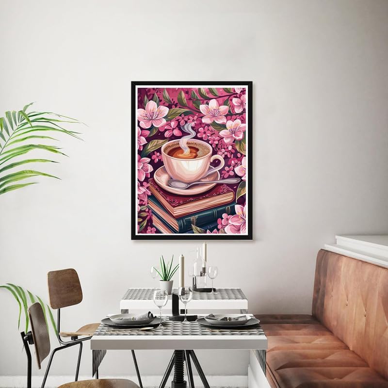 Bimkole 5D Diamond Painting Kit 'Kaffeetasse & Blume', 30x40 Cm, Rundbohrer – DIY Diamantmalerei Set Inkl. Werkzeug