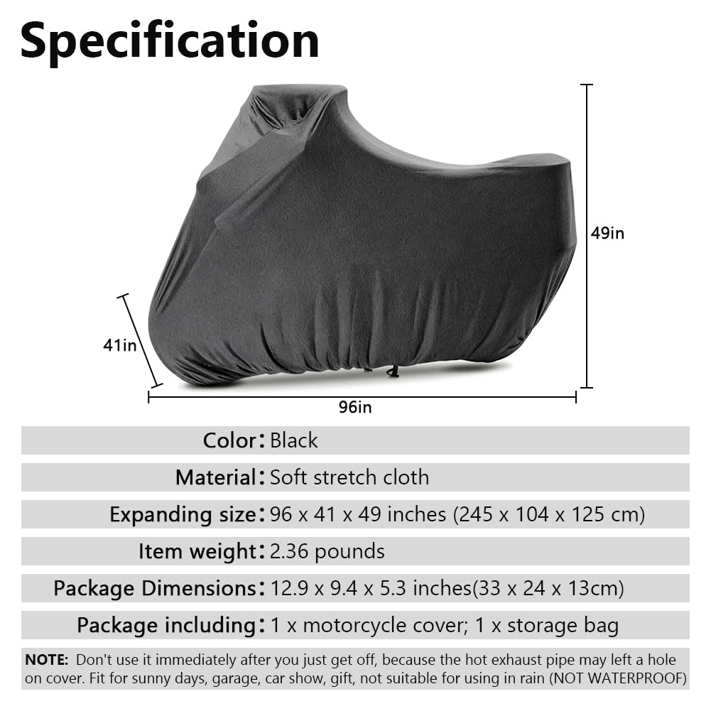 BHIEE Indoor plandeka na motocykl, rozciągliwa tkanina, wewnętrzna osłona motocykla, ochrona przed kurzem, elastyczna plandeka na motocykl, 245 x 104 x 125 cm, ciemnoszara