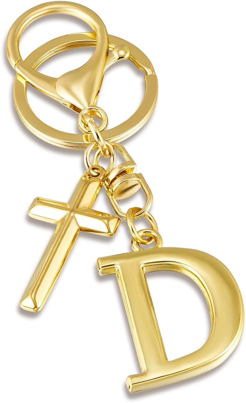 Gold Plated Initial Letter Keychain for Women Girls,Cross Charm Religious Key Ring Bag Charm for Handbag Backpack