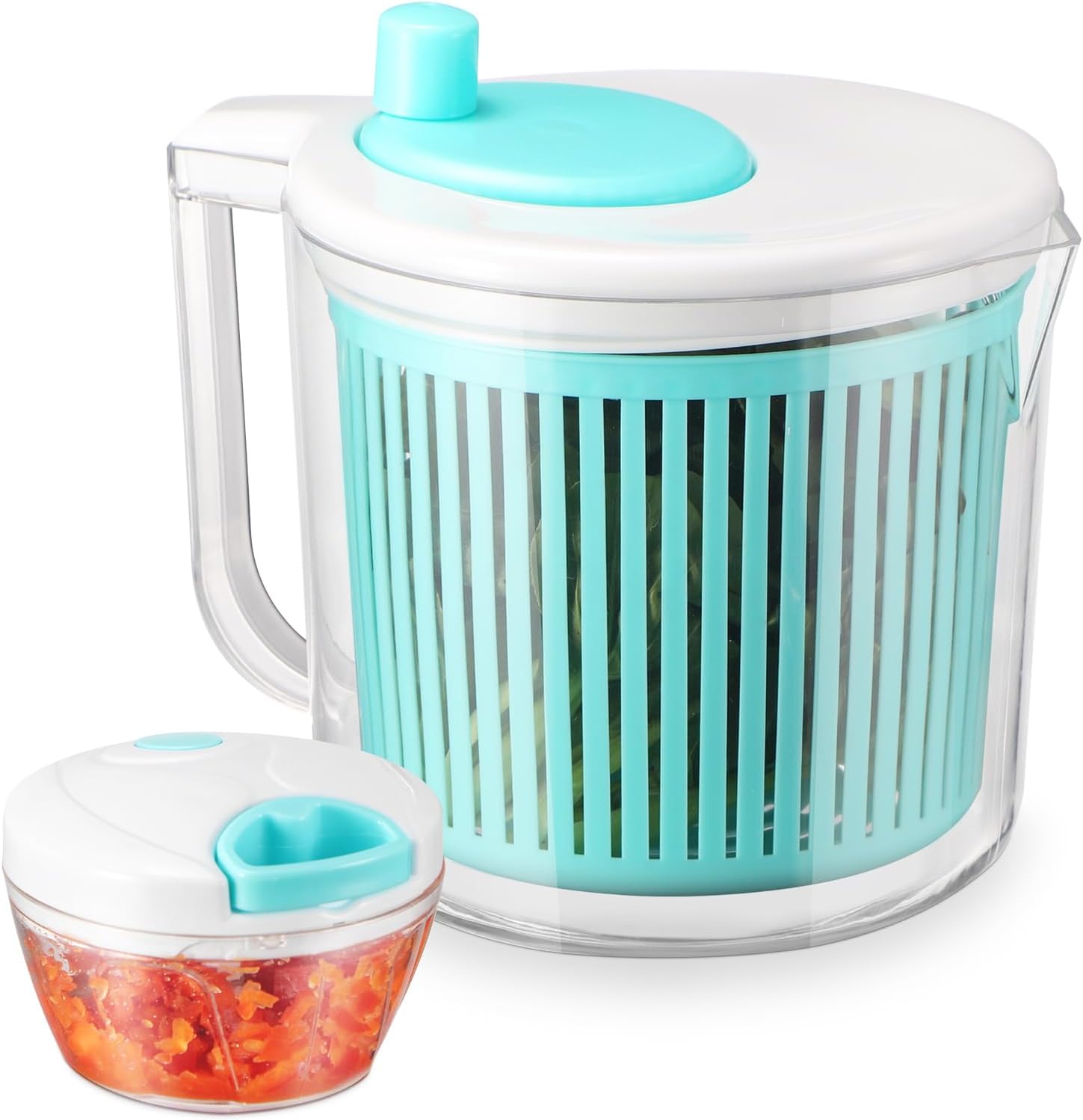 Salad Spinner with Chopper Set，2.5Qt Lettuce Spinner with Built-in Colander and Measuring Cup Bowl，Small Plastic Fruit Cleaner Pasta Dryer Herb Cleaner，Single Serve Quick Veggie Prepping Set