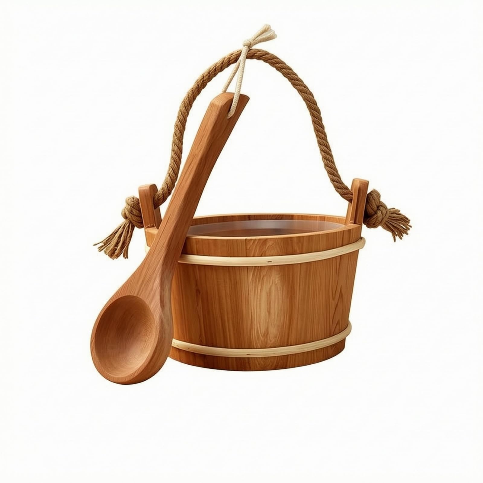 Rope Handle Sauna Pail and Ladle Set Natural Wood Grain Wooden Pail and Ladle Kit Open Top Light Banding, 6L Wooden Bucket W-image-35