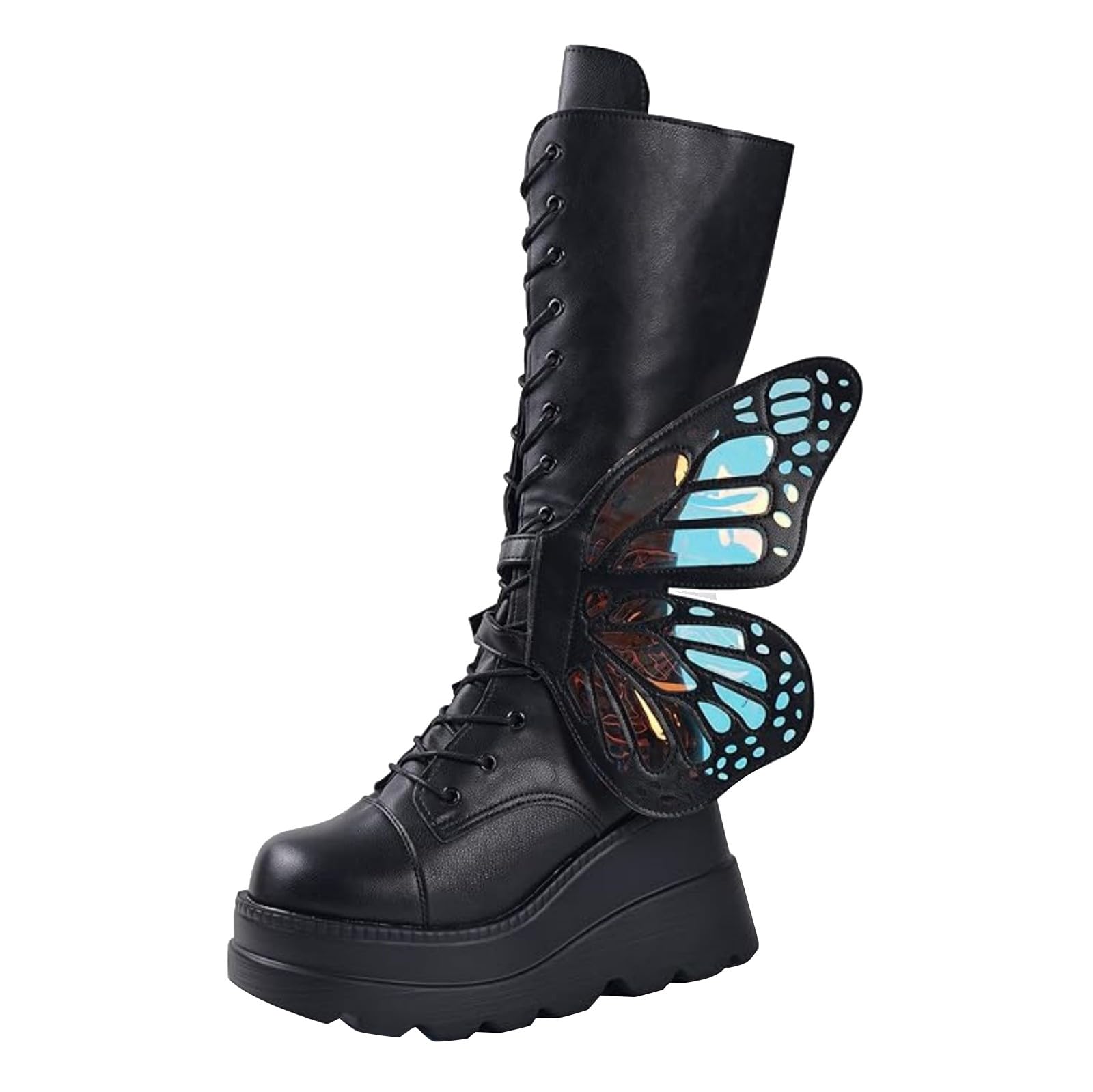 Bottes de combat gothiques avec ailes de papillon rose à lacets - 7