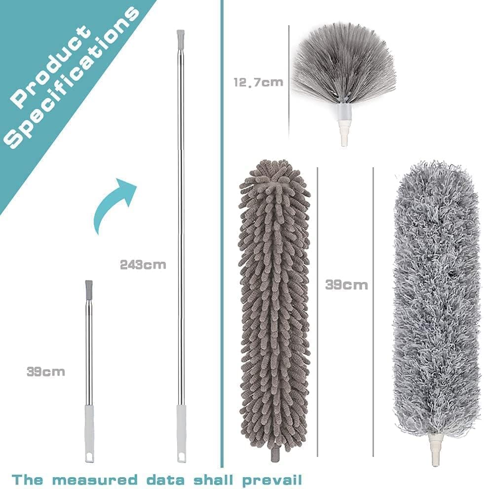 3 in 1 Duster Microfiber Feather Duster 4PCS Bendable Extendable Fan Cleaning Duster with 100 inches Expandable Pole Handle Washable Duster for High Ceiling Fans,Window Blinds, Furniture (Gray) 4