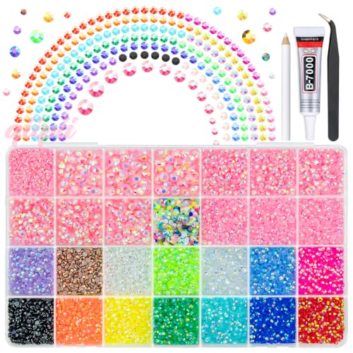 qiipii 28Grids 2mm-6mm Dark Pink AB Resin Rhinestones w Glue for Bedazzling