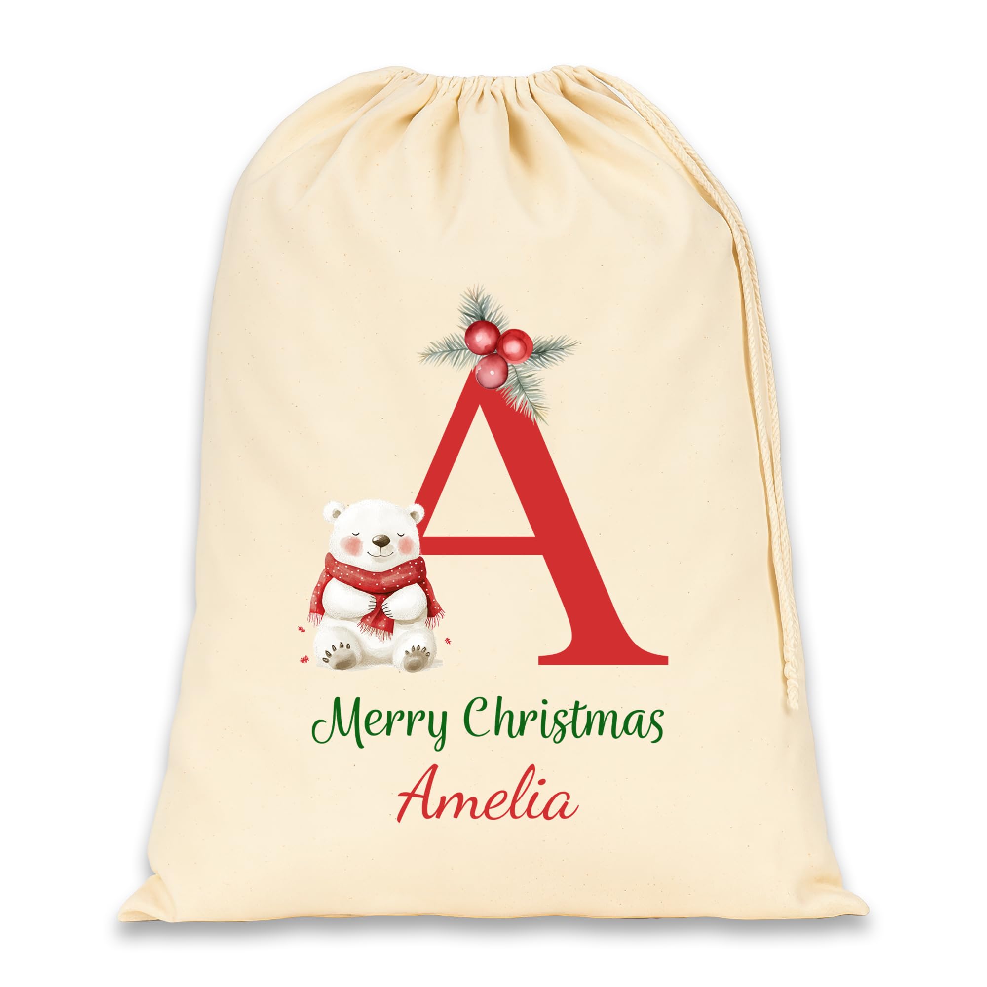 Personalised Santa Sack with Custom Name - Large Christmas Sack for Gifts - Xmas Gift Bag for Under Tree - Christmas Eve Bag - Christmas Stocking Alternative - Red Initial Polar Bear (Cotton)