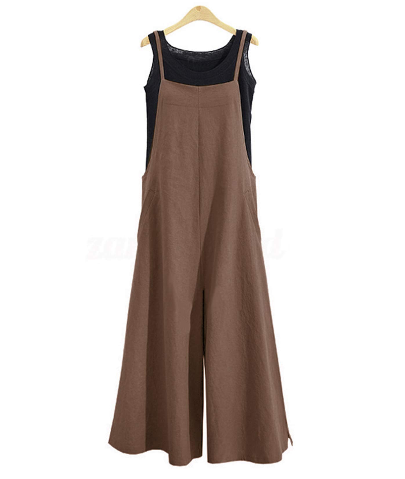 YESNOWomen Casual Loose Long Bib Pants Wide Leg Jumpsuits Baggy Cotton Rompers Overalls with Pockets PZZTYP2