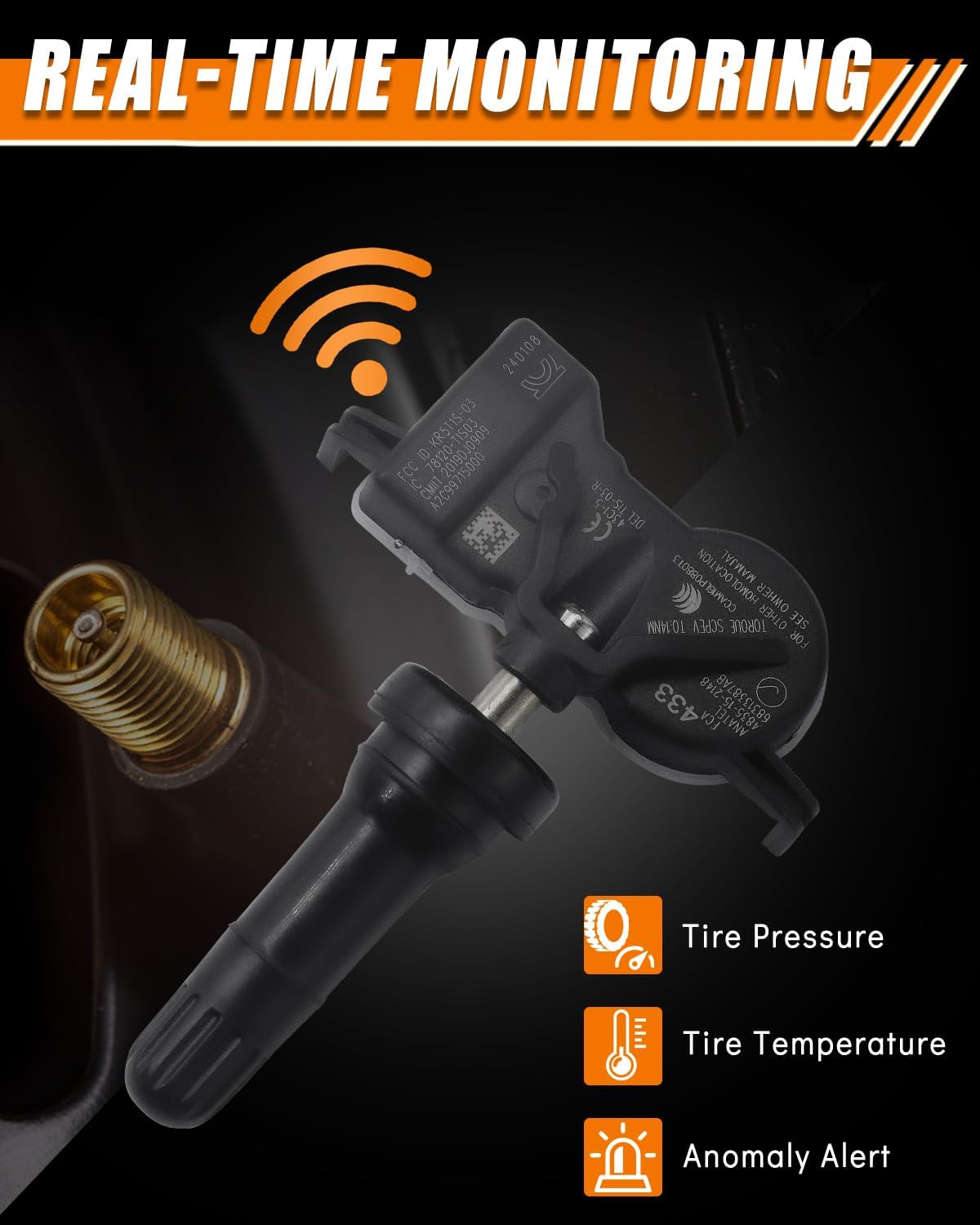 68313387AB TPMS Sensor Fit for:-Jeep Grand Cherokee 2016-2022 Compass 2017-2022, for:-Chrysler 200 2015-2017, for:-Dodge Dart Durango, for:-Fiat Tire Pressure Monitor System 433MHz (4 Pack)