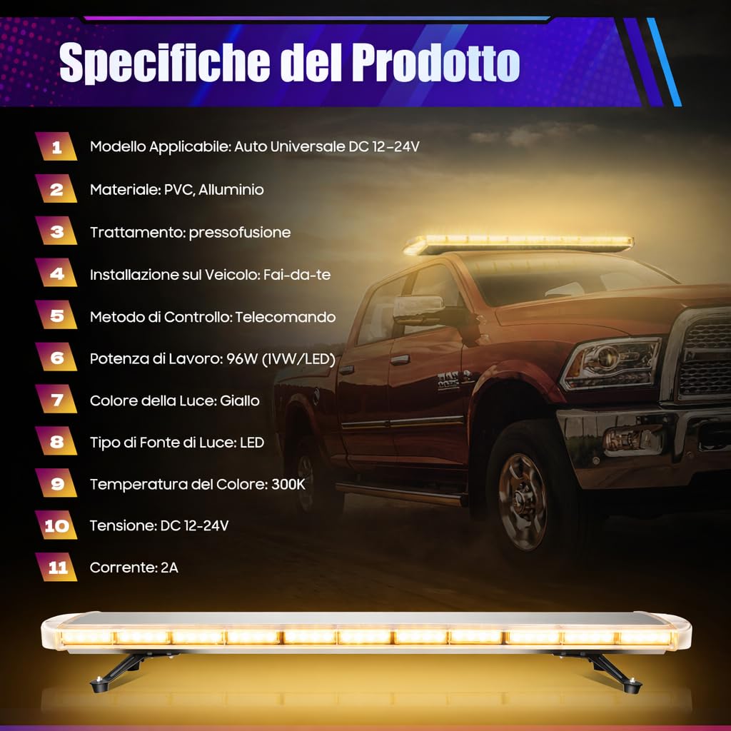 Barra di segnalazione a LED, 1310 mm, fascio luminoso 96 W, AC12-24 V, luce di segnalazione, luce lampeggiante di emergenza, per camion, tetto, colore giallo