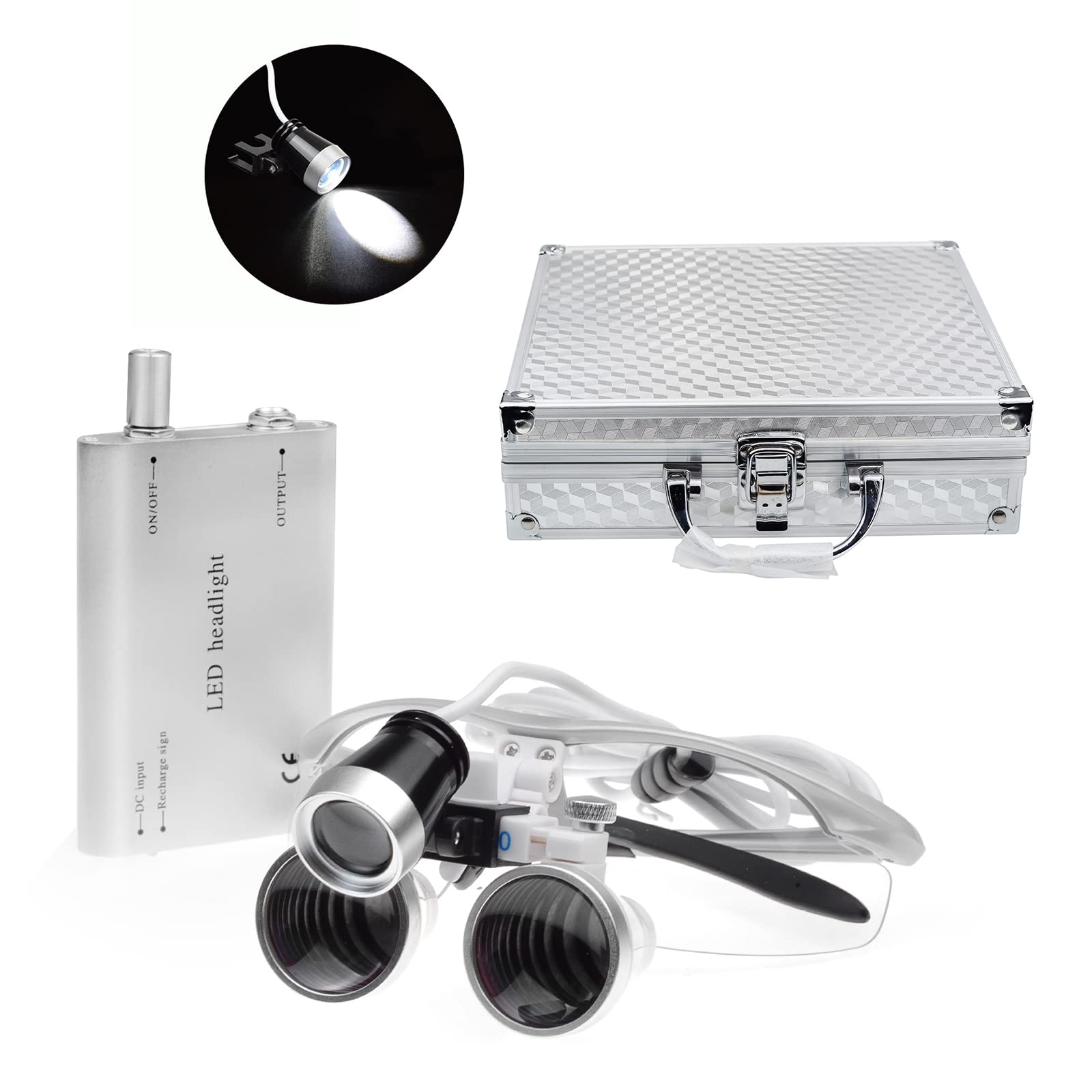 Bonew Dental Binocular Loupes Kit 3.5x 420mm LED Headlight Aluminum Case Silver