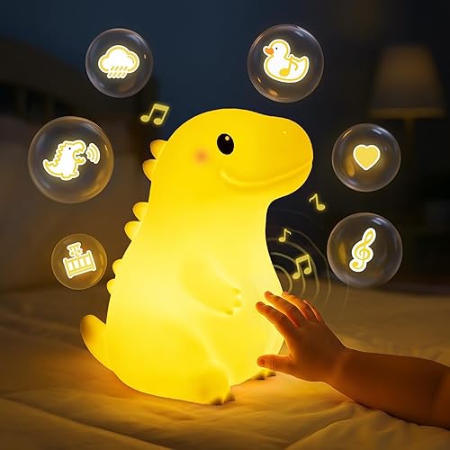 Mewaii Giant Dinosaur Night Light for Kids, 7.8 in&8+10 White Noise Squishy Silicone Dinosaur Lamp with 3-Level Brightness, Rechargeable LED Cute Dino Nightlight for Boys Baby Nursery Gift&Room Decor - yellow-2