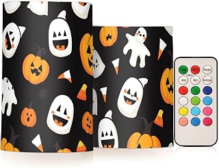 KLL Flameless Candle 2Pcs Battery Operated with Color Changing Timer Remote Control Party Holiday Home Patio Decor, Seamless Pattern of Halloween