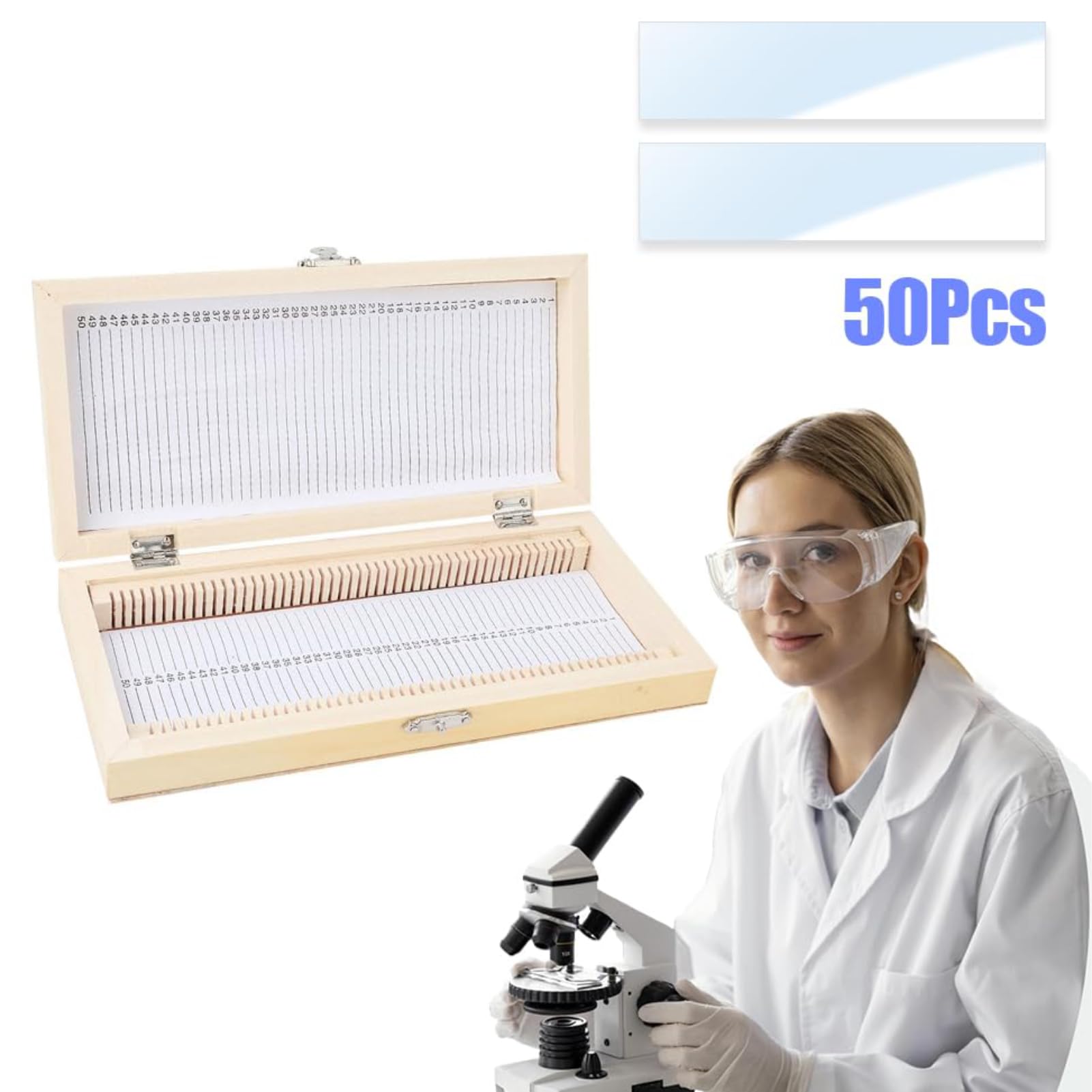 Coffret en Bois pour Lames de Microscope 50 Diapositives Boîte de Rangement 23x10,6x3,5cm