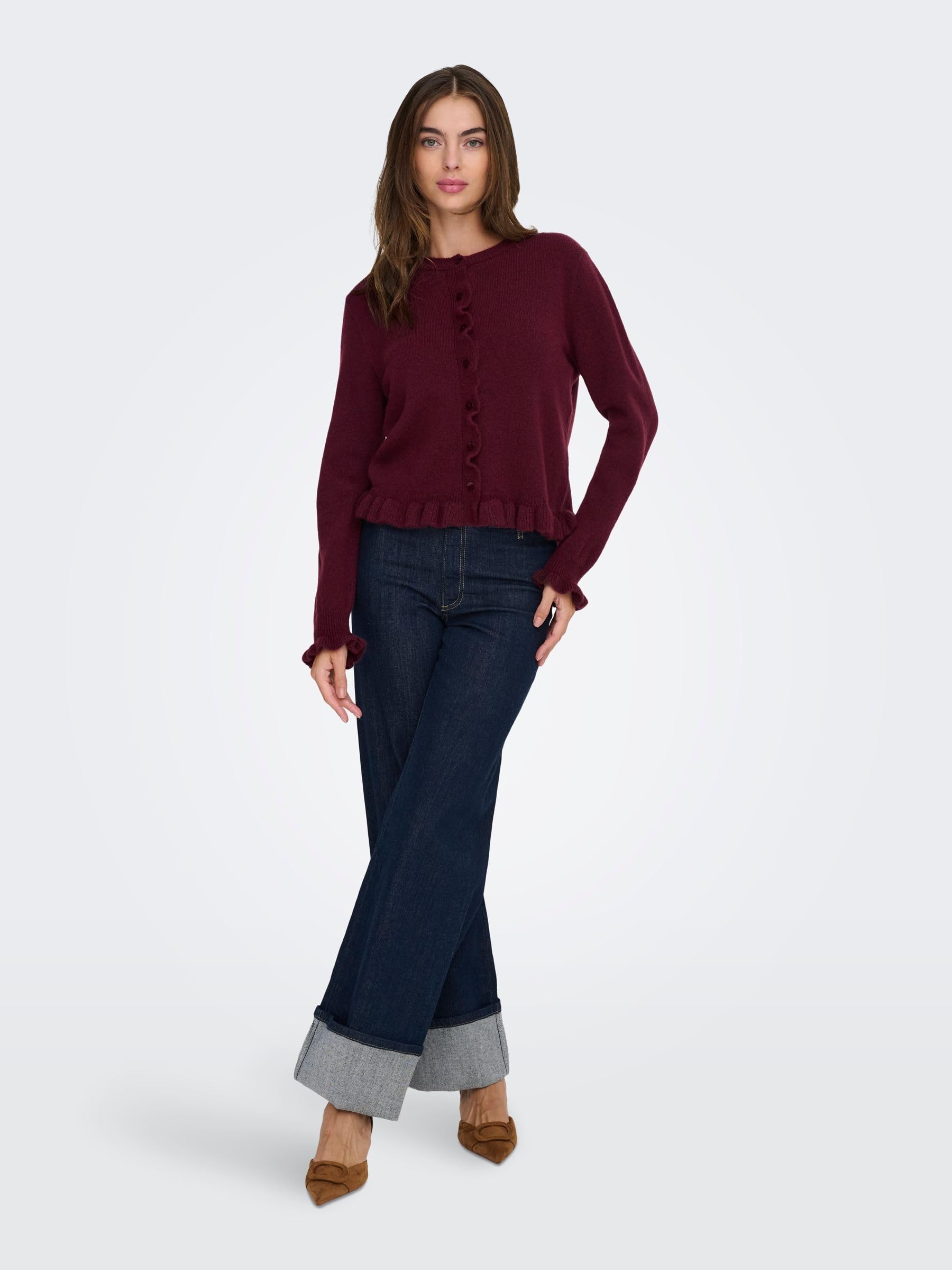 Jdy Letty L/S On Frill KNT Noos kardigan, baner maroon, L