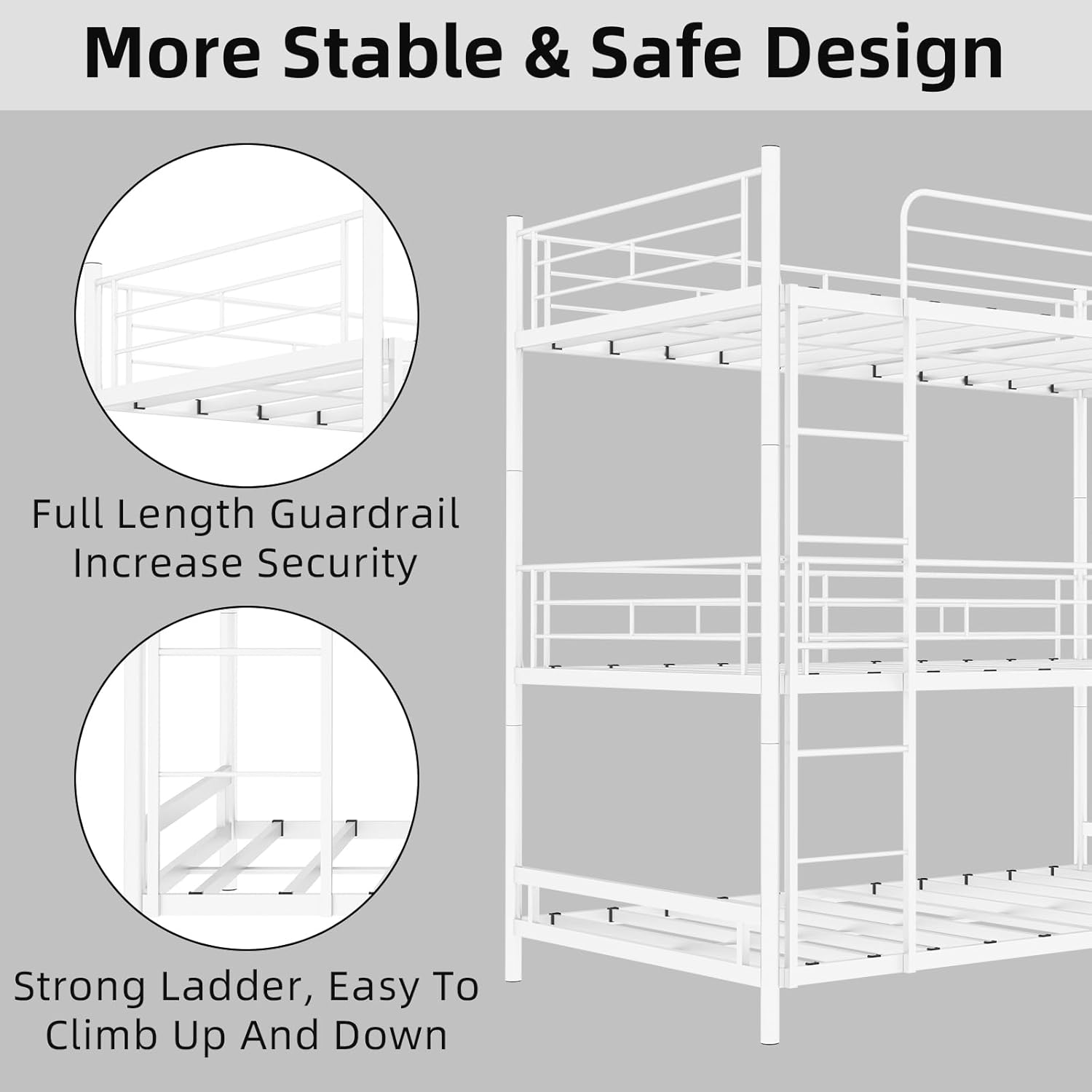 LUMISOL Twin Over Twin Bunk Bed for 3, Heavy Duty Metal Triple Bunk Bed with 2 Ladders and Guardrail, Separates Into 3 Beds for Teenager, Adults, White