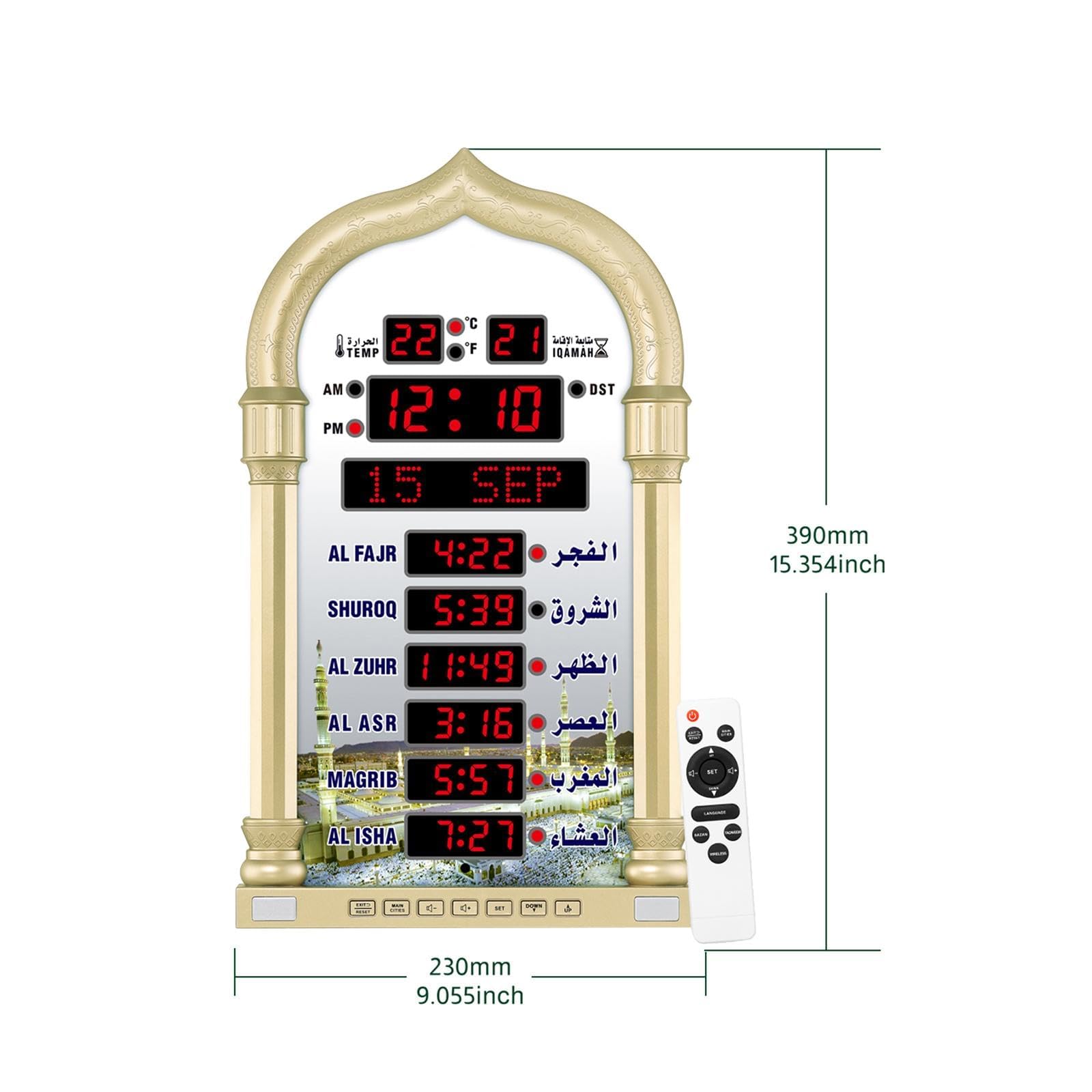 Orologio Azan Digitale, Sveglia con Preghiera a LED, Orari Athan di Oltre 6000 Città, con Promemoria Sonoro, Calendari Hijri E Gregoriano, per La Decorazione Dell'ufficio Domestico