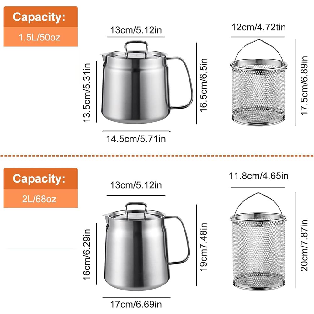 Marmite à Friture 2-en-1 en Inox 304 avec Panier, Pichet Filtre à Huile 2L, Mini Friteuse Induction et Récipient pour Graisse de Bacon, Idéal Cuisine et Camping (1.5L)