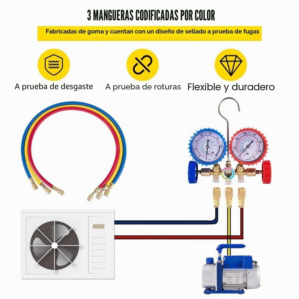Bomba de Vacío 1,8CFM 1/4HP 220V / 50-60Hz para Aire Acondicionado Bomba de Vacío Coche con Medidor De Colector 1440 TR/Min Anti-Reflujo Aceite para Aire Acondicionado Coche Automotriz Refrigerador