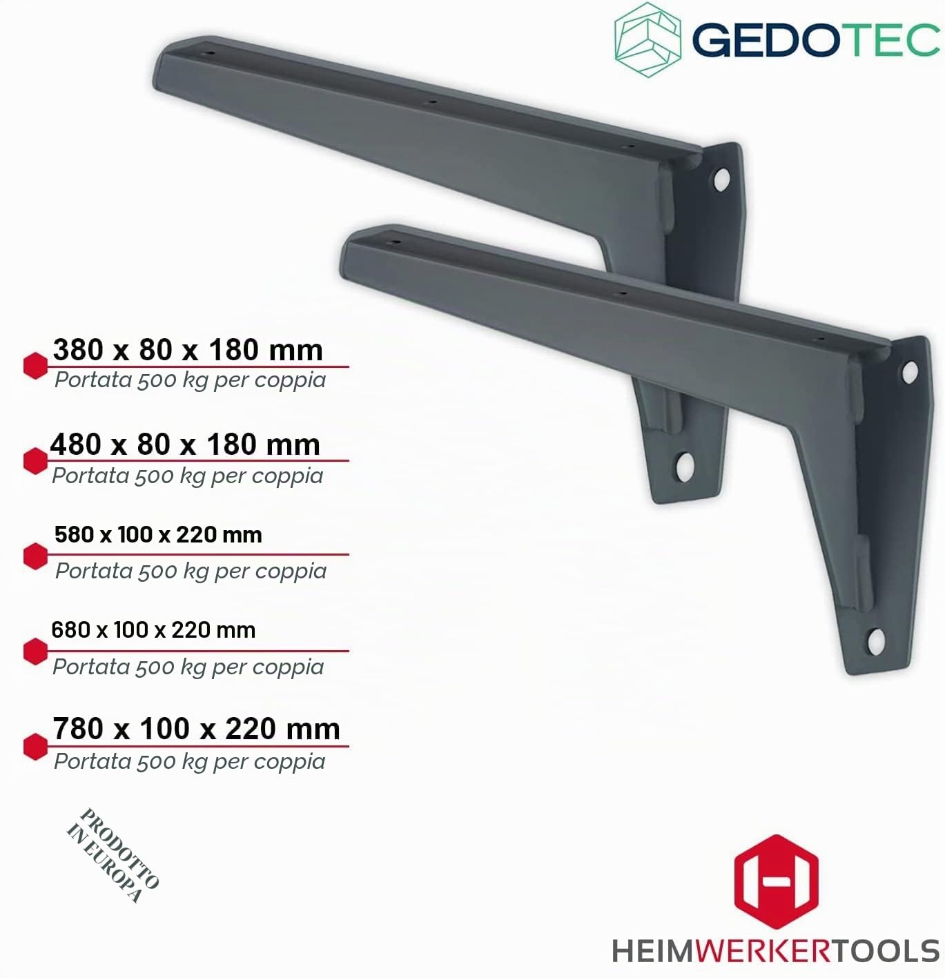 Gedotec Staffa per carichi pesanti | 2 pz - Staffa per ripiani | MIRA Strong | Lunghezza 380 mm | Portata 500 kg per coppia | Staffa per ripiani in acciaio massiccio grigio