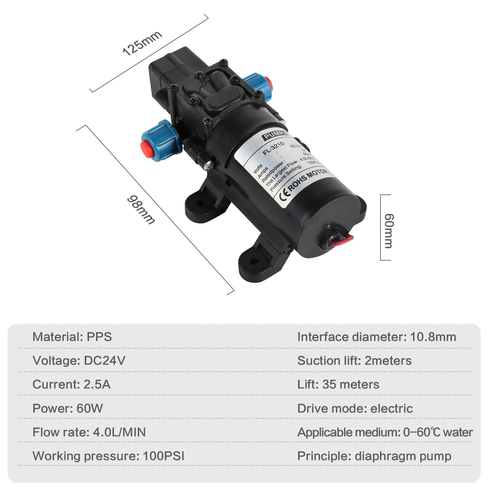 DEWIN Membranpumpe, Selbstansaugende Wasserpumpe Automatischer Schalter 4L/min Hochdruck Autowaschwassersprüher 24V 60W