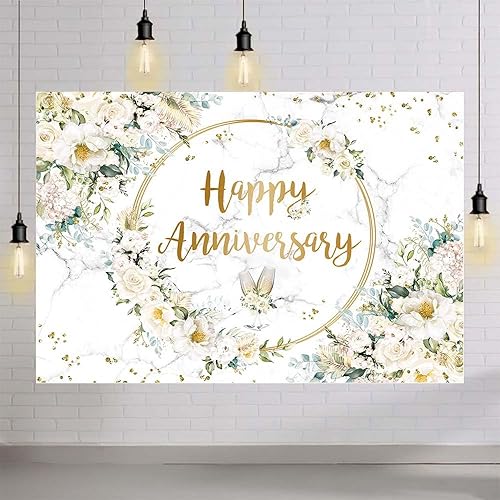 Miniatura 4 de MEHOFOND Telón de fondo de feliz aniversario de 8 x 6 pies con diseño floral blanco para fotografía de aniversario de boda, diseño geométrico de