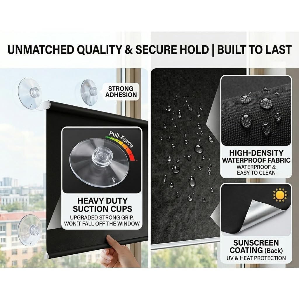 Verdunklungsrollo ohne Bohren mit Saugnäpfen, Thermorollo Sonnenschutz Fenster Innen, Tragbares Fensterrollo Sichtschutz für Dachfenster Schlafzimmer Auto(80W x 190H cm)