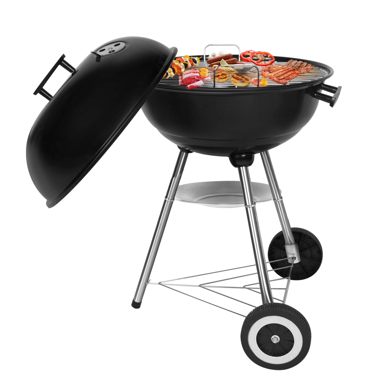 Holzkohlegrill, tragbar, rund, Deckel, Doppelräder, Grill auf Standfuß, φ 41 cm, Höhe 70 cm, Schwarz