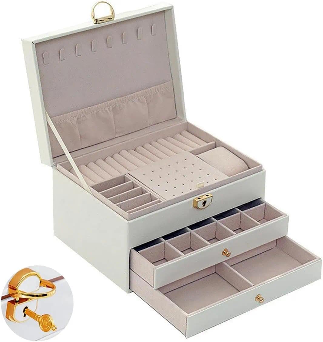 portagioie a 3 livelli, portagioie impilabile, scatola portaoggetti con serratura, con 2 cassetti, chiave e scomparti, per orecchini collane bracciali anelli (Bianco perla)