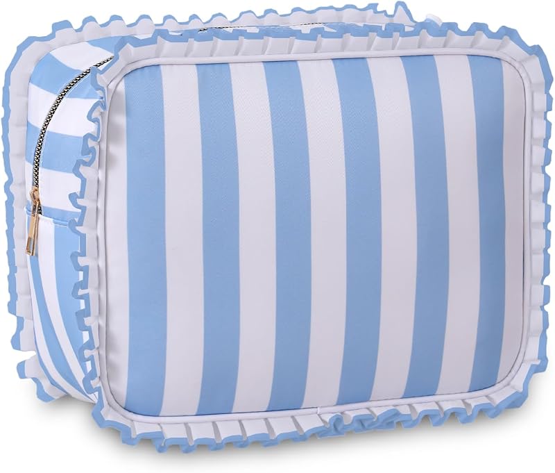 Necessaire de maquiagem com babado EMBRUNIOICE, listras azuis, 30,0 cm x 11,9 cm x 23,1 cm