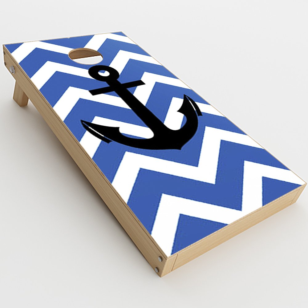 Skin Decal Vinyl Wrap for Cornhole Game Board Bag Toss (2xpcs.) Skins Stickers Cover/Blue Chevron Black Anchor