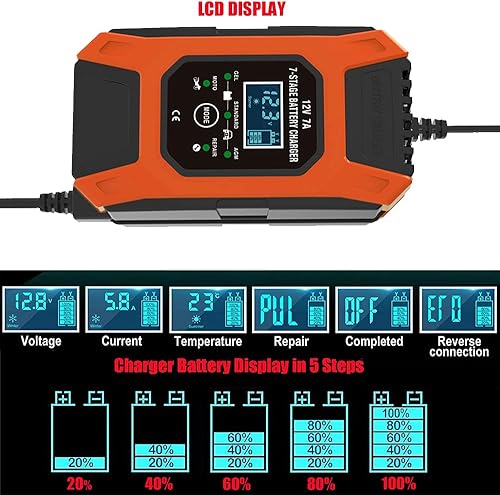Miniatura 5 de Cargador de batería automotriz FOXSUR 12V7A cargador de batería de coche con pantalla LCD cargador de batería portátil mantenedor cargador de pulso