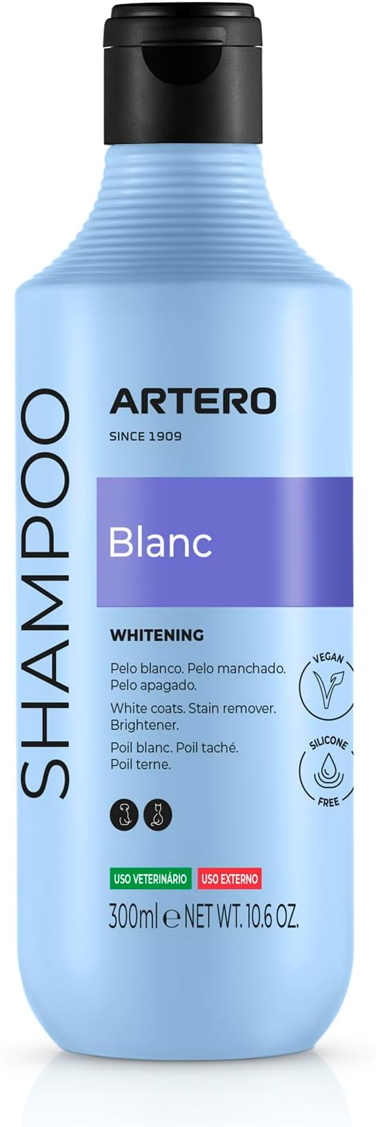 Artero Blanc. Whitening Shampoo for Dogs with White Hair. Achieve Nuclear White. Shine, softness and cleanliness from root to tip. Suitable for black, grey and blue dogs, intensifying their colour.