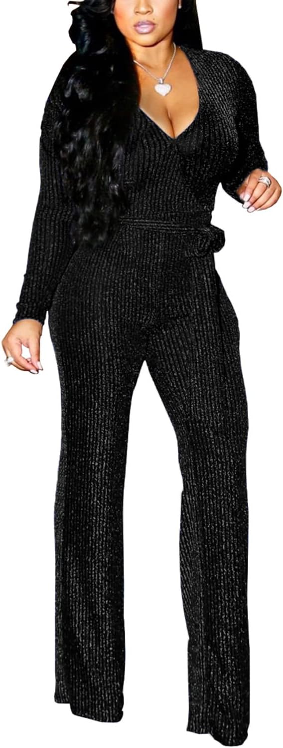 LightlyKiss Women Casual Sexy V Neck Sparkly Jumpsuits Long Sleeve Onesie Loose Pants Party Clubwear with Belt - Image 3
