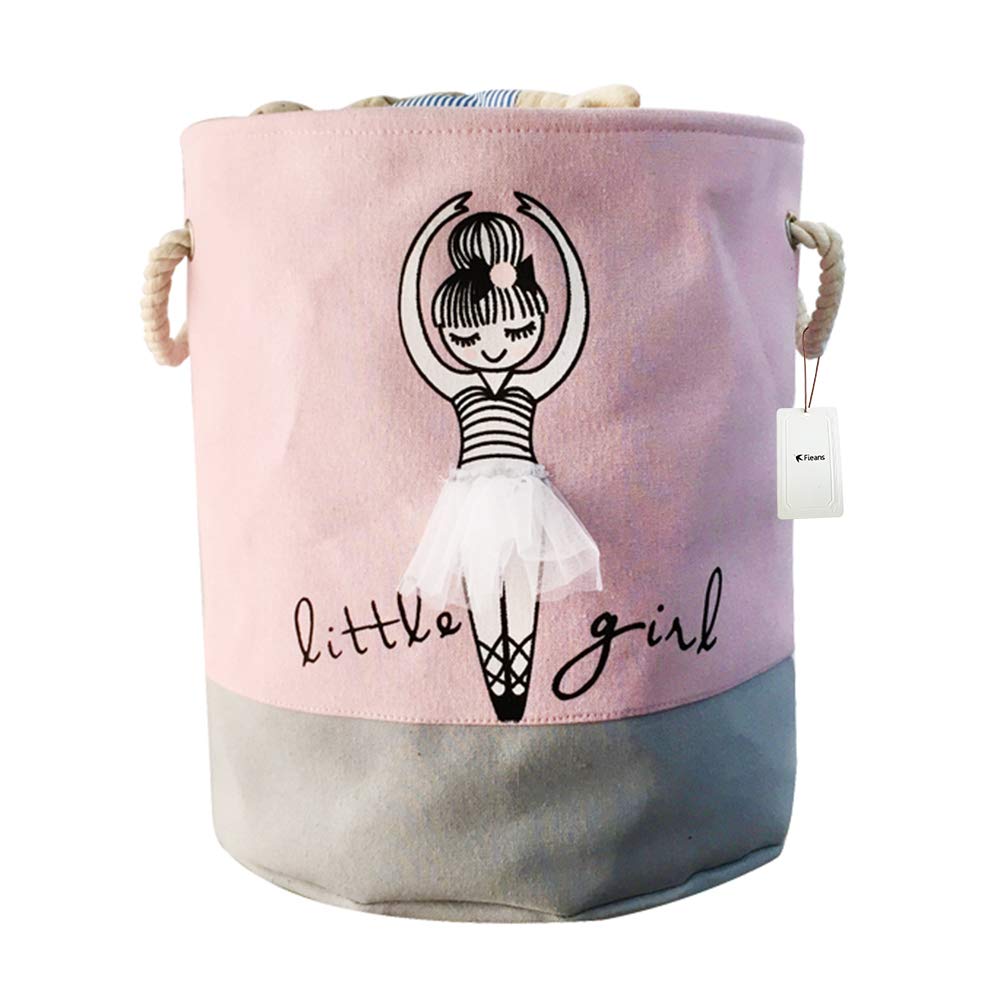 Fieans Cotton Toys Storage Basket Folding Round Laundry Hamper Canvas Nursery Storage Bin for Girls - Lace Skirt, Pink