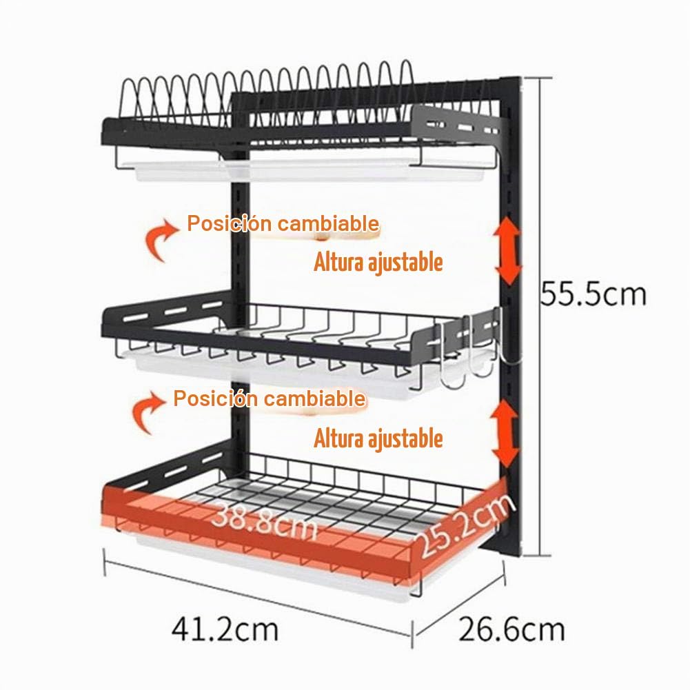 Escurreplatos 2/3 Estantes, Escurridor de Acero Inoxidable, Estante para Platos Escurridor de Cocina, Palillos, Cuchillos, Soporte para Tabla de Cortar, Estante de Pared Caja de Almacenamiento | Estante para Platos Escurridor de Cocina, Palillos, Cuchillo